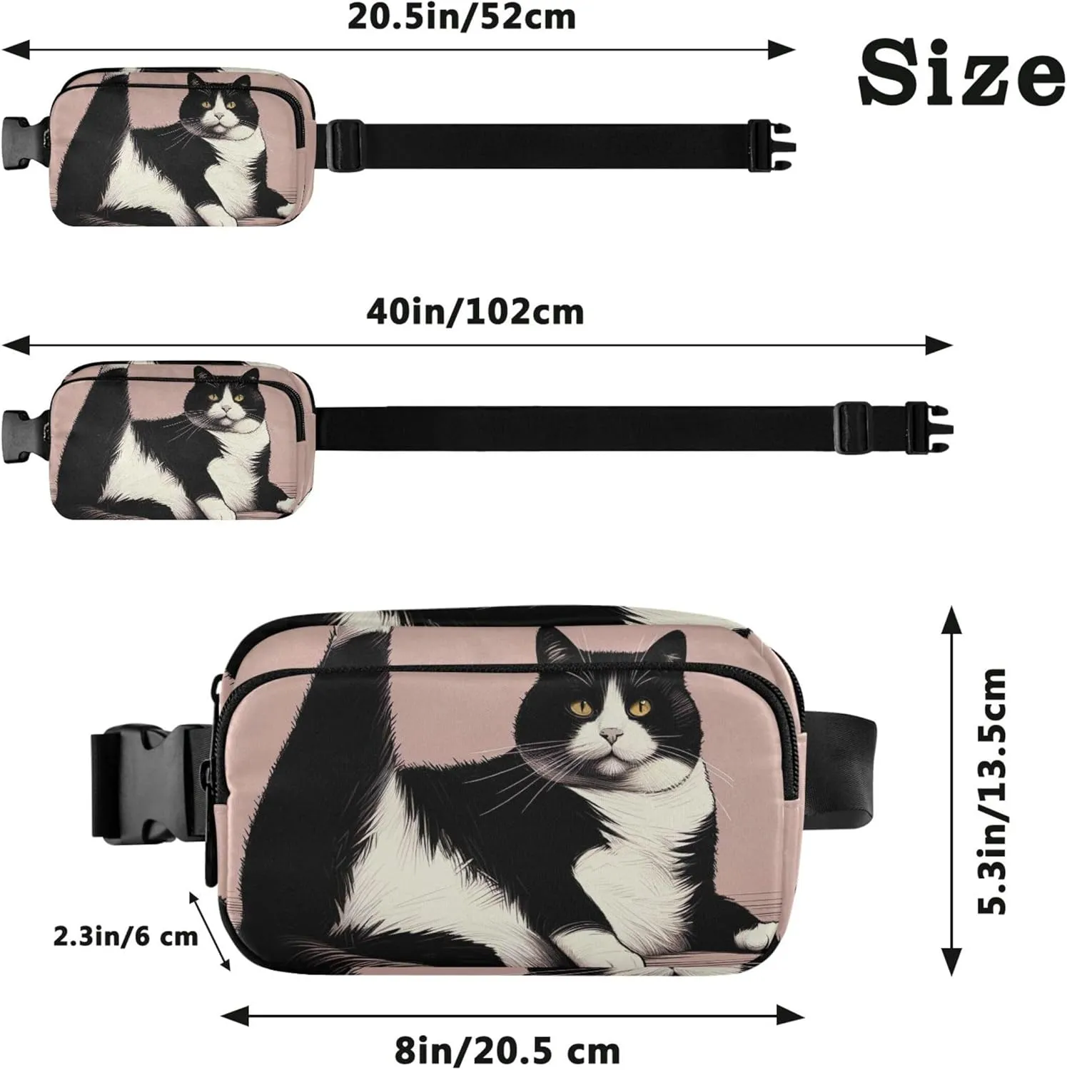 Cute Lazy Black White Cat Womens Fanny Pack Anti Theft Belt Bag Waterproof Trendy Travel Waist Bag