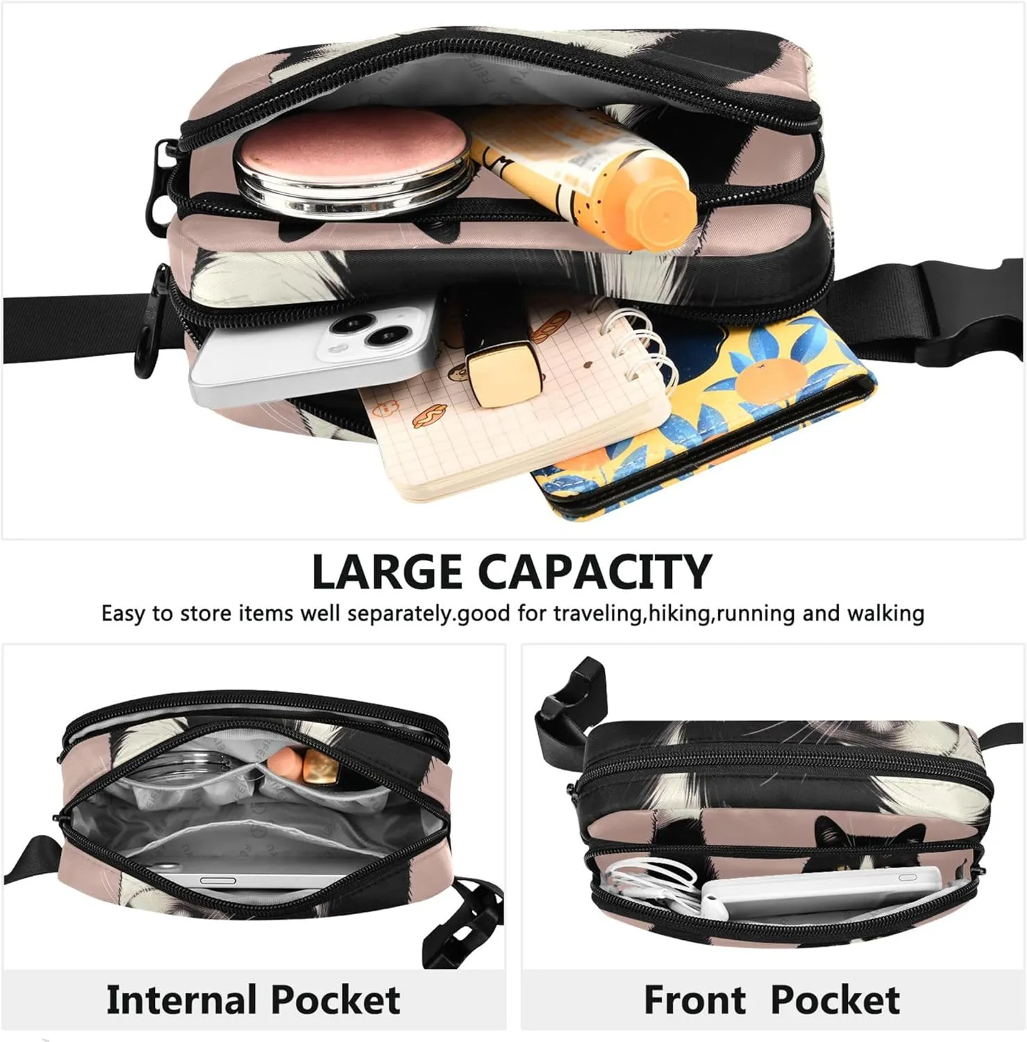 Cute Lazy Black White Cat Womens Fanny Pack Anti Theft Belt Bag Waterproof Trendy Travel Waist Bag