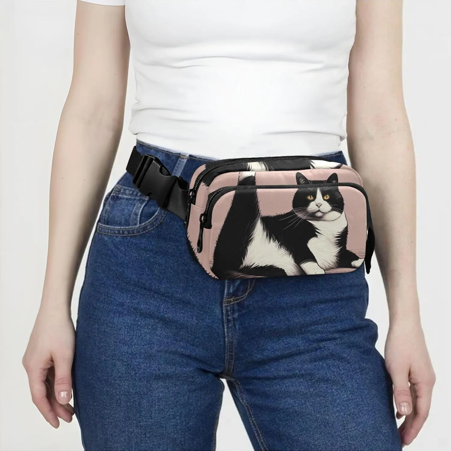 Cute Lazy Black White Cat Womens Fanny Pack Anti Theft Belt Bag Waterproof Trendy Travel Waist Bag