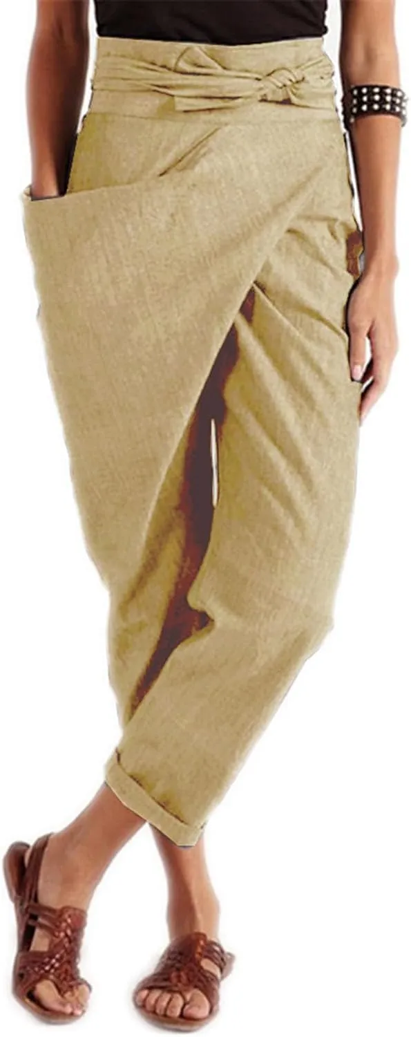 Dawery Women High Waist Irregular Harem Pants Tie One-Side Large Pocket Loose Wide Leg Straight Baggy Ninth Pants Turnip Trousers