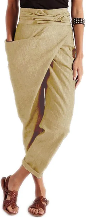 Dawery Women High Waist Irregular Harem Pants Tie One-Side Large Pocket Loose Wide Leg Straight Baggy Ninth Pants Turnip Trousers