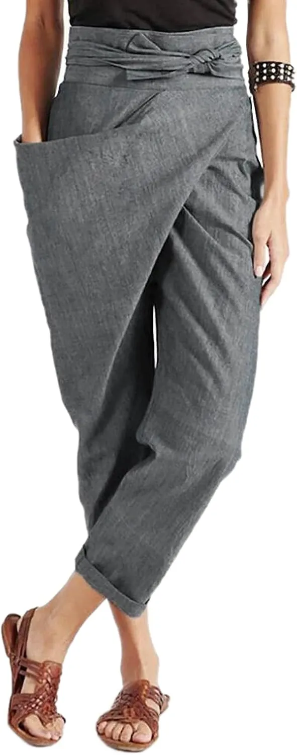 Dawery Women High Waist Irregular Harem Pants Tie One-Side Large Pocket Loose Wide Leg Straight Baggy Ninth Pants Turnip Trousers