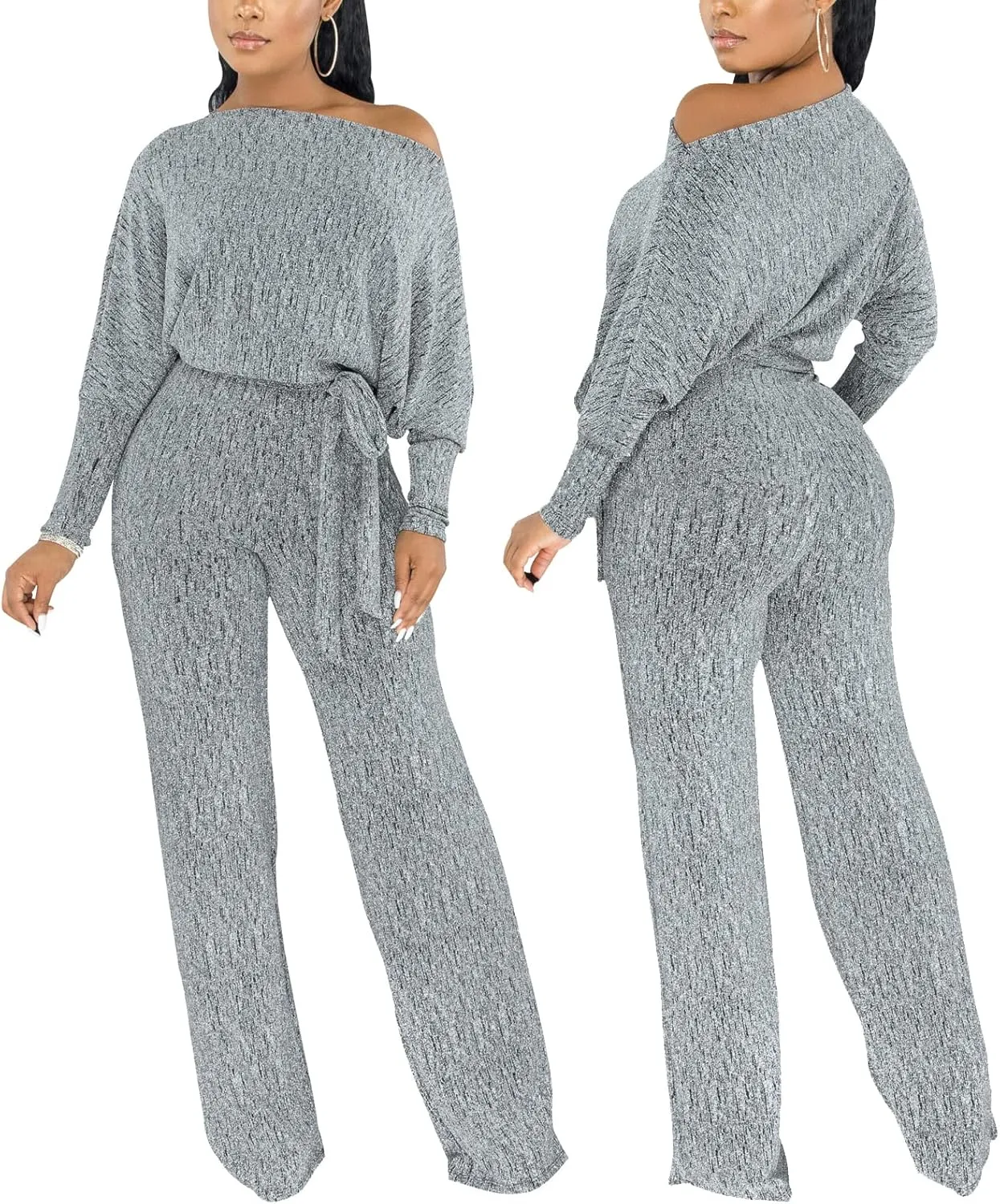 DinyIn Sexy Deep V Neck Long Wide Leg Pant for Women Casual Solid Jumpsuits Plus Size Romper with Belt