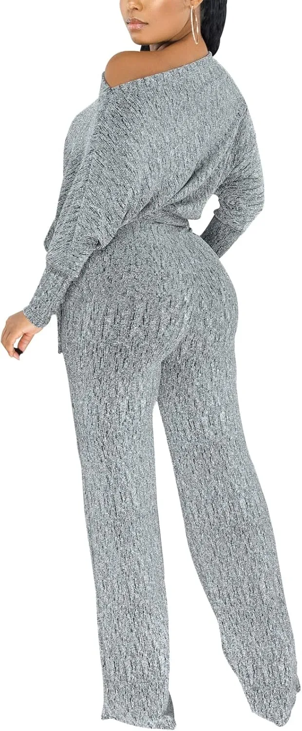 DinyIn Sexy Deep V Neck Long Wide Leg Pant for Women Casual Solid Jumpsuits Plus Size Romper with Belt