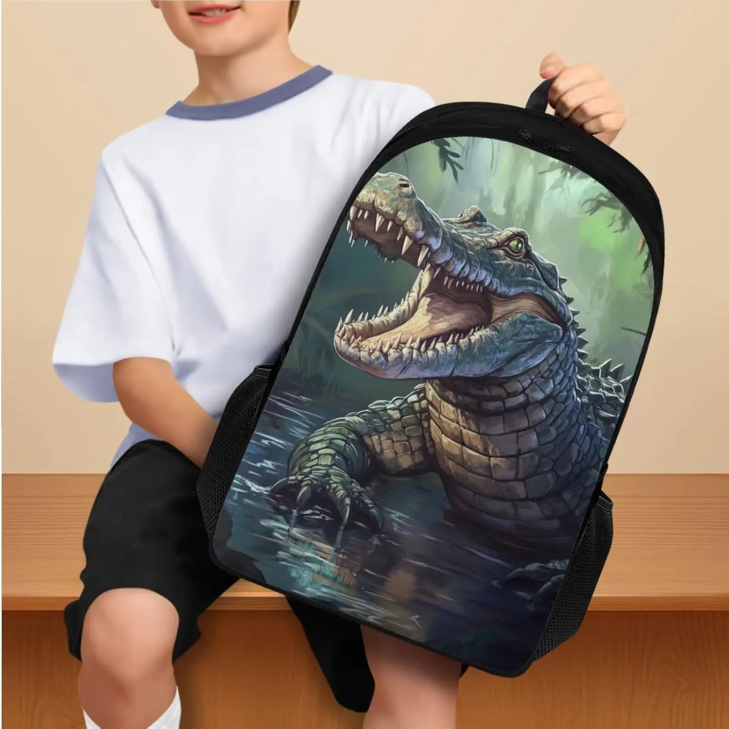 doginthehole 3D Crocodile Backpack for Boys 17inch Lightweight Kids Bookbag with Lunch Box 3pcs Boys School Bag 8-10 for Elementary School Preschool Kids Knapsack Rucksack