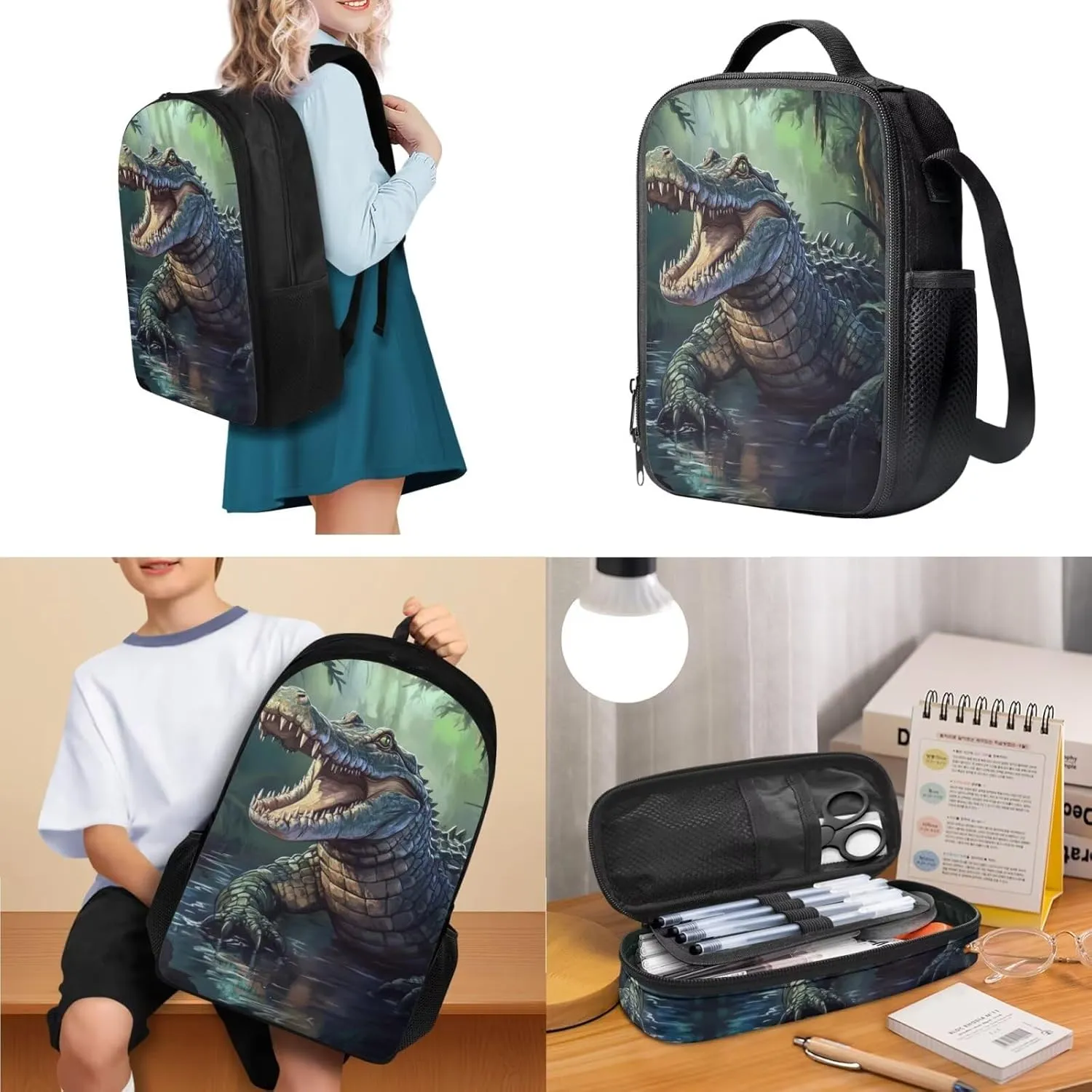 doginthehole 3D Crocodile Backpack for Boys 17inch Lightweight Kids Bookbag with Lunch Box 3pcs Boys School Bag 8-10 for Elementary School Preschool Kids Knapsack Rucksack