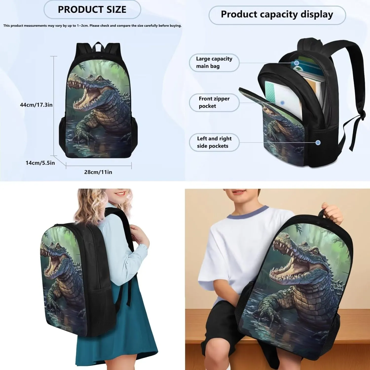 doginthehole 3D Crocodile Backpack for Boys 17inch Lightweight Kids Bookbag with Lunch Box 3pcs Boys School Bag 8-10 for Elementary School Preschool Kids Knapsack Rucksack