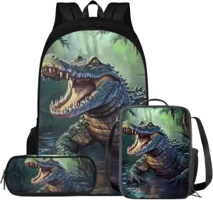 doginthehole 3D Crocodile Backpack for Boys 17inch Lightweight Kids Bookbag with Lunch Box 3pcs Boys School Bag 8-10 for Elementary School Preschool Kids Knapsack Rucksack