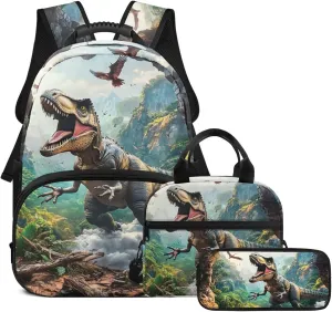 doginthehole 3D Dinosaur Backpack for Boys 6-8 Cool Bookbag for Boys with Lunch Box 3pcs Large Capacity Boys School Bag Set for Elementary School Casual Travel Book Bags