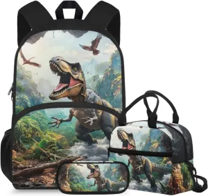 doginthehole 3D Dinosaur Backpack for Kids 5-7 Boys Bookbag with Lunch Box and Pencil Bag 3-in-1 Large Capacity Boys School Bag Set for Preschool Elementary School Casual Travel Book Bags