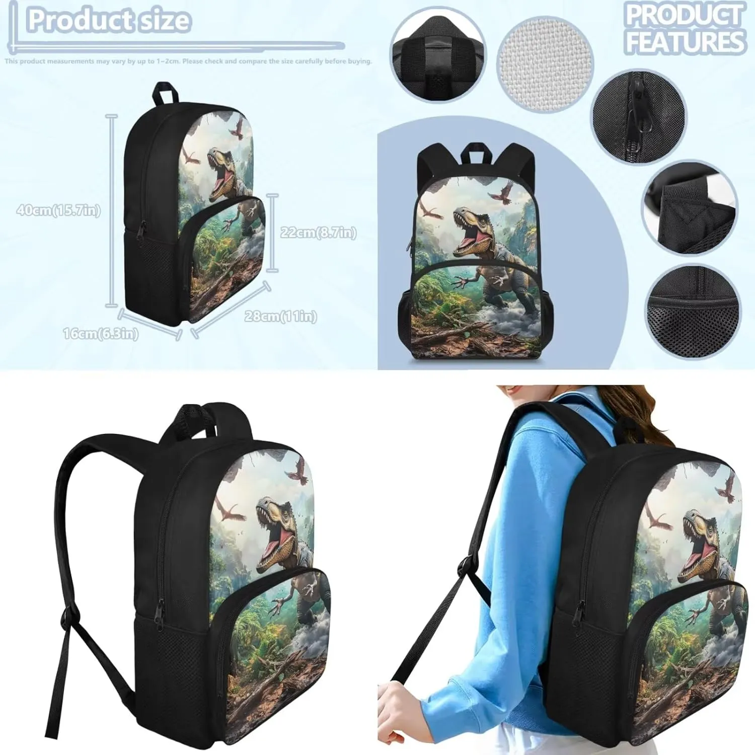doginthehole 3D Dinosaur Backpack for Kids 5-7 Boys Bookbag with Lunch Box and Pencil Bag 3-in-1 Large Capacity Boys School Bag Set for Preschool Elementary School Casual Travel Book Bags
