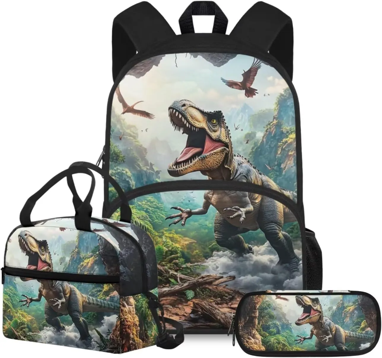 doginthehole 3D Dinosaur Backpack for Kids 5-7 Boys Bookbag with Lunch Box and Pencil Bag 3-in-1 Large Capacity Boys School Bag Set for Preschool Elementary School Casual Travel Book Bags