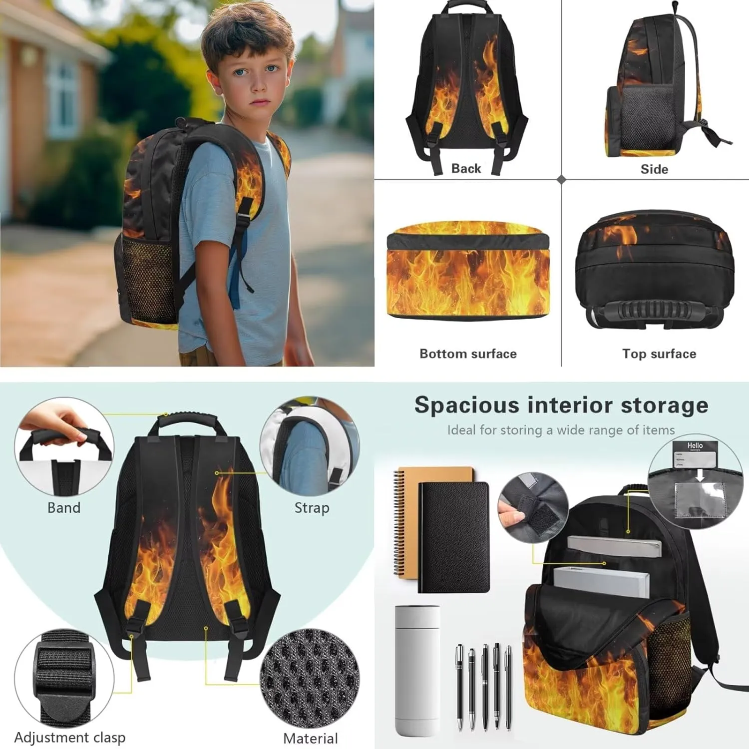 doginthehole 3D Flame Boys Backpacks Ages 8-10 17inch Cool Boys School Backpack with Lunch Bag 3Pcs Lightweight Kids School Bag for Elementary Middle School Boys Back to School Gifts