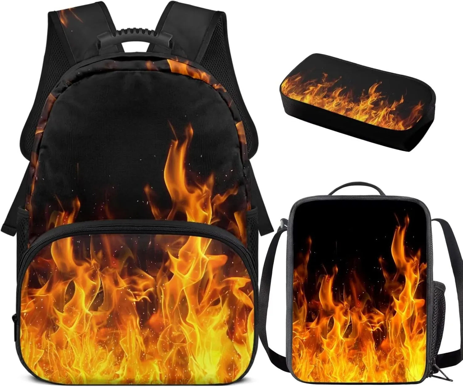 doginthehole 3D Flame Boys Backpacks Ages 8-10 17inch Cool Boys School Backpack with Lunch Bag 3Pcs Lightweight Kids School Bag for Elementary Middle School Boys Back to School Gifts