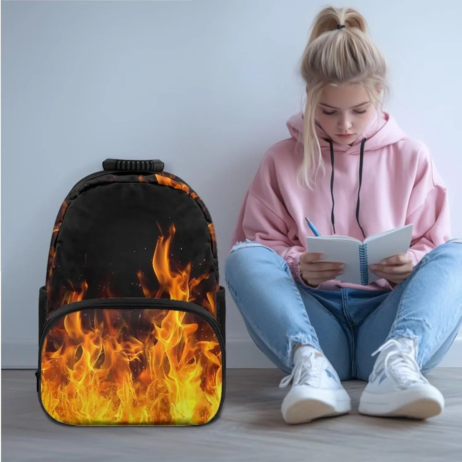 doginthehole 3D Flame Boys Backpacks Ages 8-10 17inch Cool Boys School Backpack with Lunch Bag 3Pcs Lightweight Kids School Bag for Elementary Middle School Boys Back to School Gifts