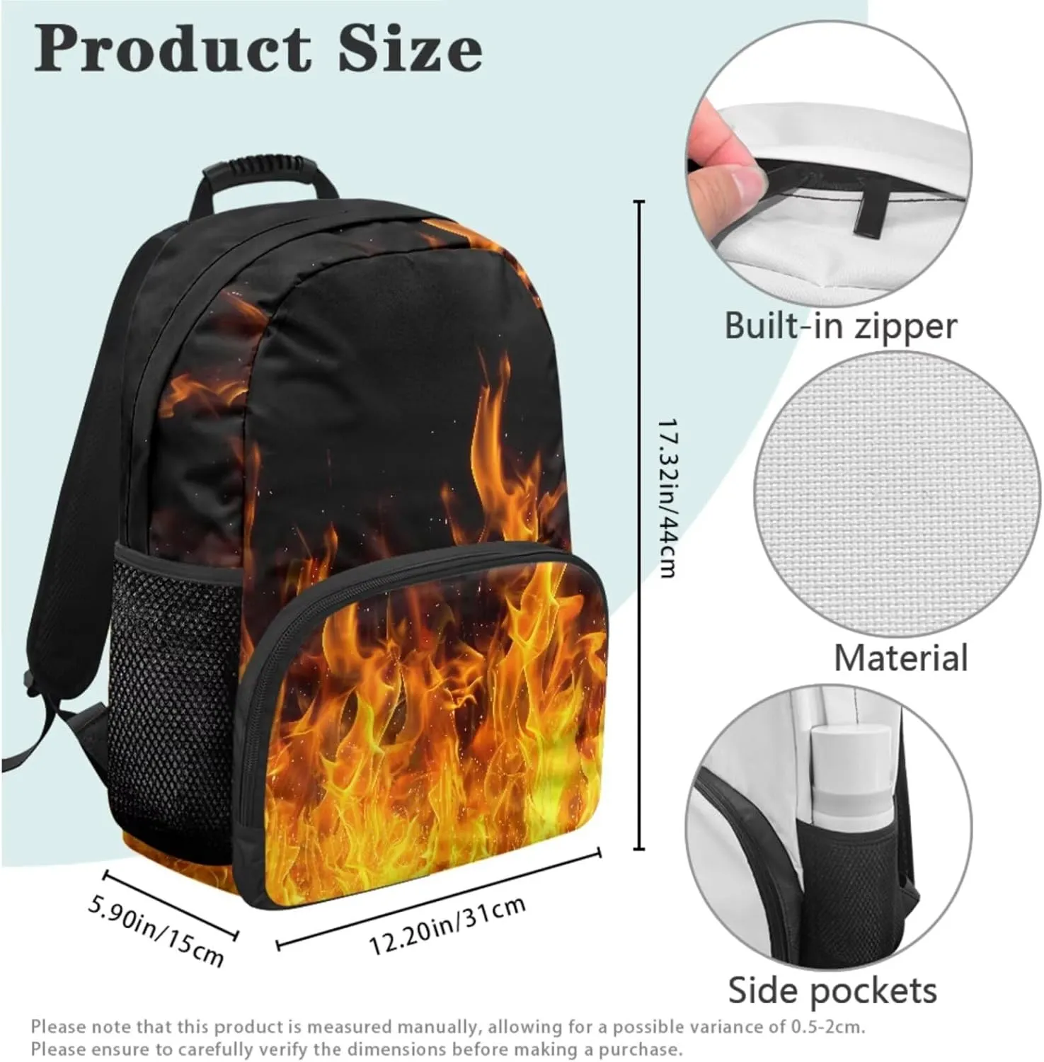 doginthehole 3D Flame Boys Backpacks Ages 8-10 17inch Cool Boys School Backpack with Lunch Bag 3Pcs Lightweight Kids School Bag for Elementary Middle School Boys Back to School Gifts