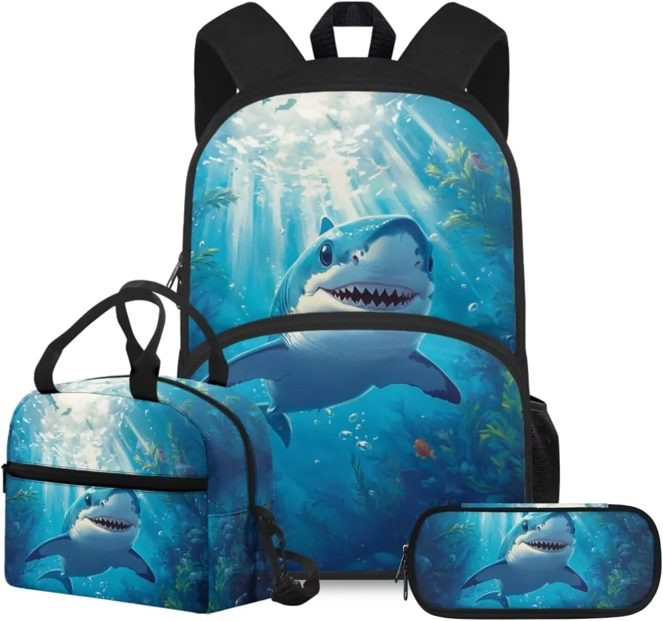 doginthehole 3D Shark Backpack for Boys 4-6 Cool Boys Bookbag with Lunch Box and Pencil Bag 3pcs Set Lightweight Kids Elementary School Backpack Set Back to School Gifts