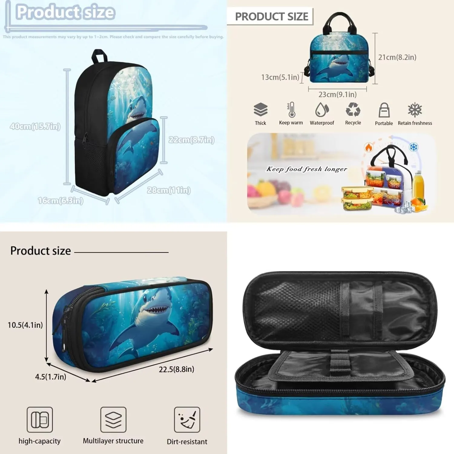 doginthehole 3D Shark Backpack for Boys 4-6 Cool Boys Bookbag with Lunch Box and Pencil Bag 3pcs Set Lightweight Kids Elementary School Backpack Set Back to School Gifts