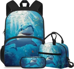 doginthehole 3D Shark Backpack for Boys 4-6 Cool Boys Bookbag with Lunch Box and Pencil Bag 3pcs Set Lightweight Kids Elementary School Backpack Set Back to School Gifts