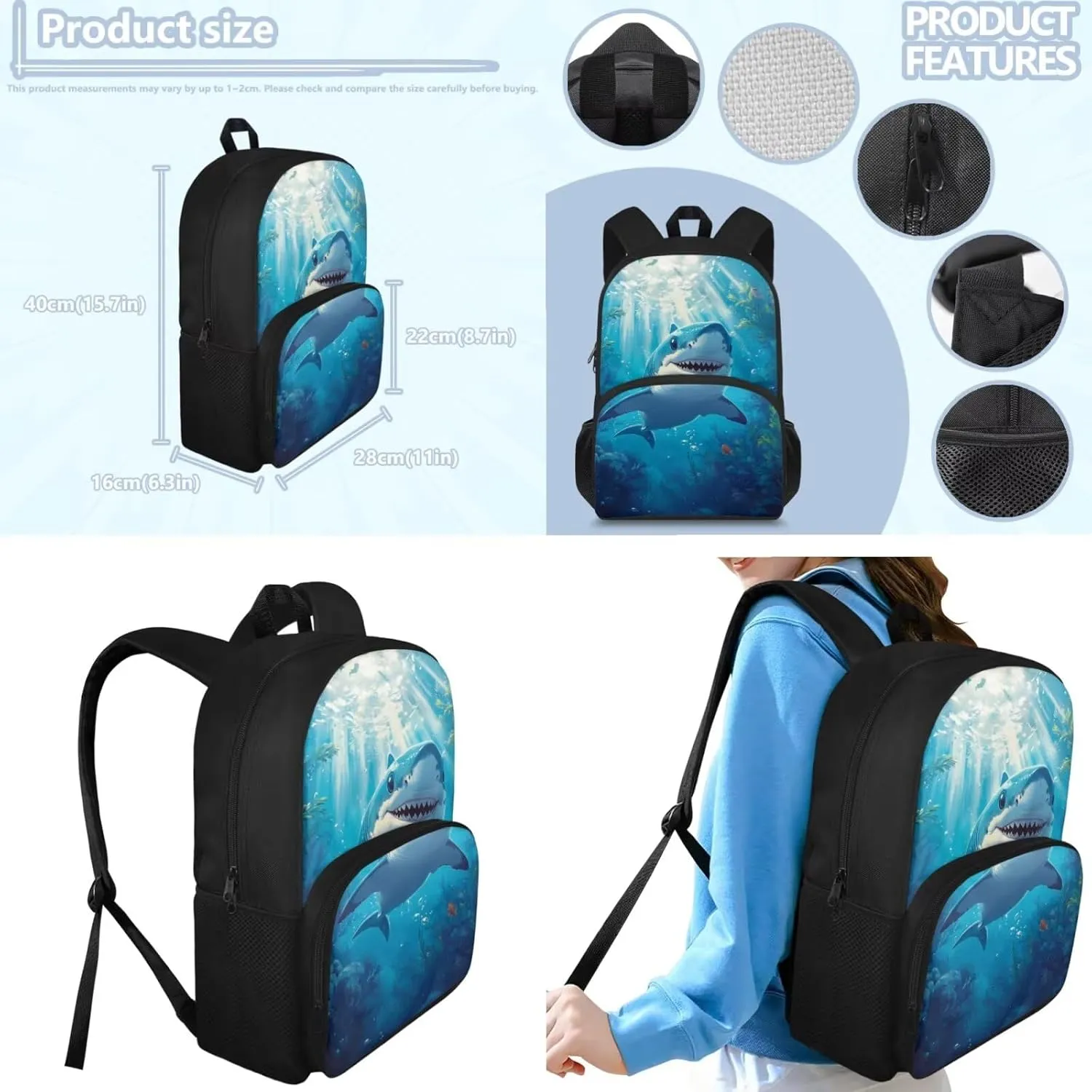 doginthehole 3D Shark Backpack for Boys 4-6 Cool Boys Bookbag with Lunch Box and Pencil Bag 3pcs Set Lightweight Kids Elementary School Backpack Set Back to School Gifts