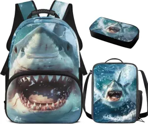 doginthehole 3D Shark Backpack for Boys 6-8 Cool Bookbag and Lunch Box Set for Boys 3 Piece Lightweight Boys School Bags Set for Preschool Elementary Middle School 17inch Book Bags