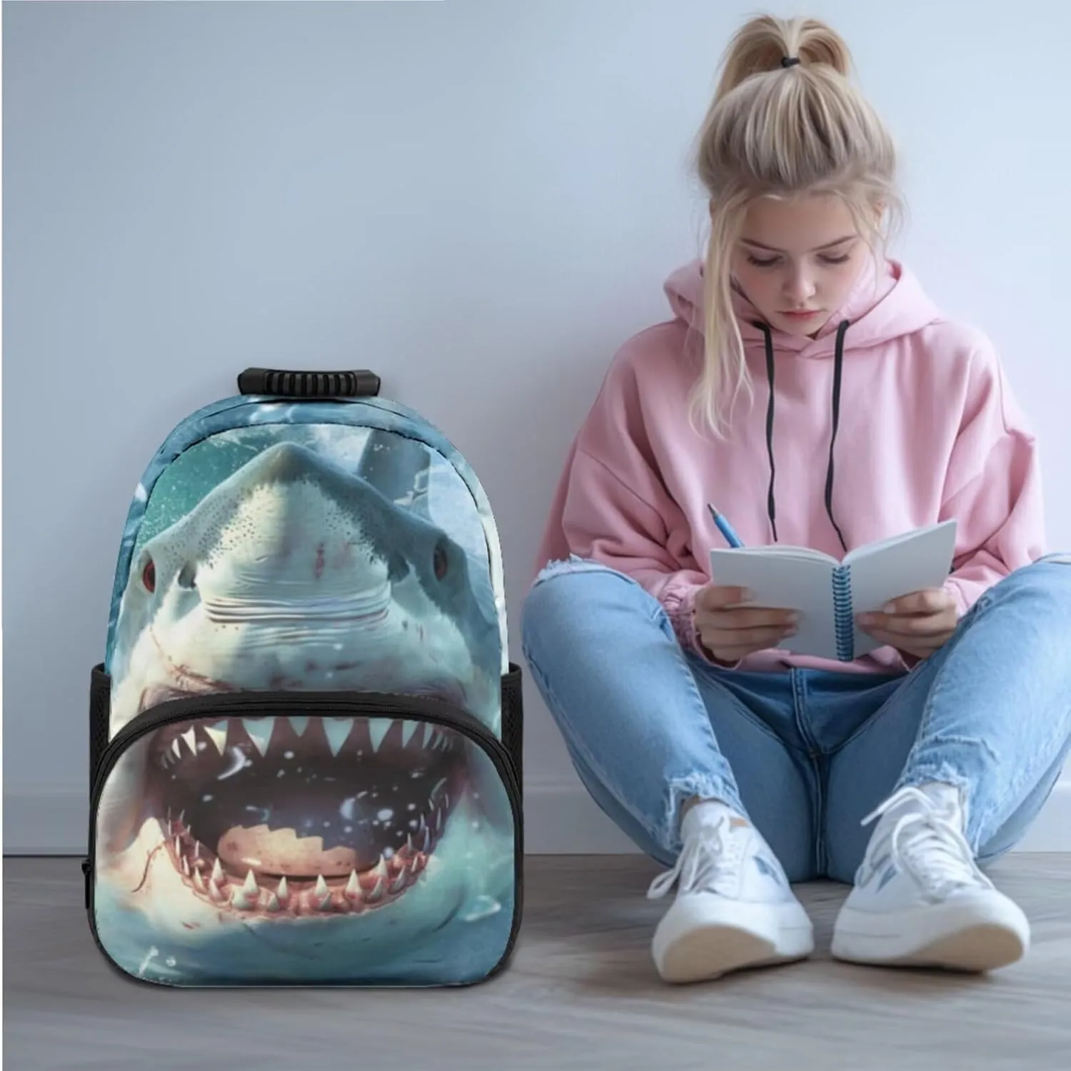 doginthehole 3D Shark Backpack for Boys 6-8 Cool Bookbag and Lunch Box Set for Boys 3 Piece Lightweight Boys School Bags Set for Preschool Elementary Middle School 17inch Book Bags