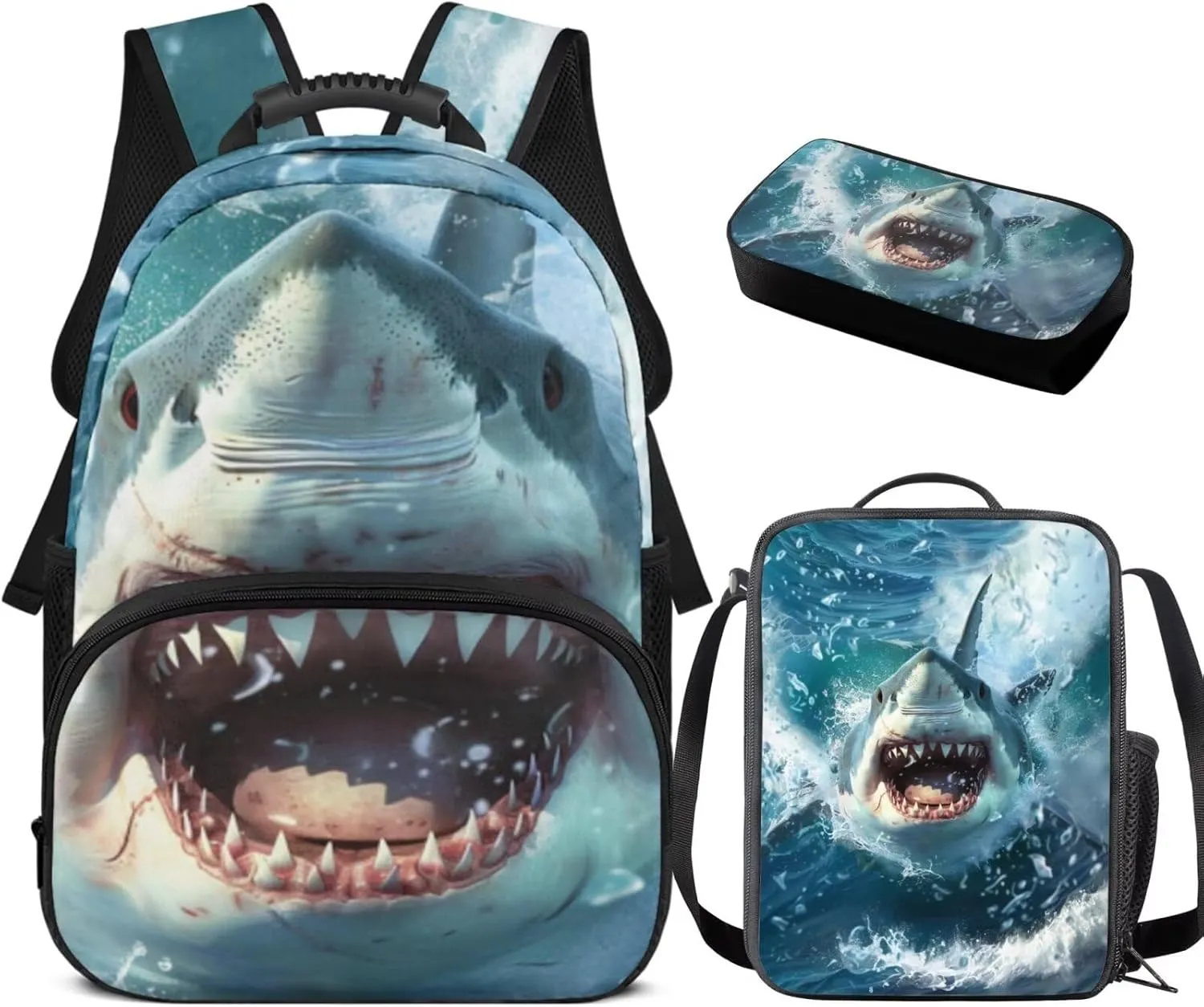 doginthehole 3D Shark Backpack for Boys 6-8 Cool Bookbag and Lunch Box Set for Boys 3 Piece Lightweight Boys School Bags Set for Preschool Elementary Middle School 17inch Book Bags