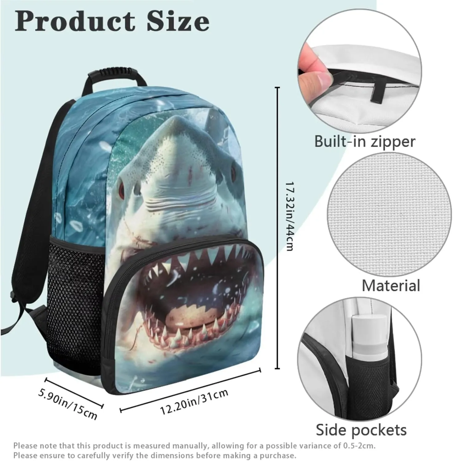 doginthehole 3D Shark Backpack for Boys 6-8 Cool Bookbag and Lunch Box Set for Boys 3 Piece Lightweight Boys School Bags Set for Preschool Elementary Middle School 17inch Book Bags