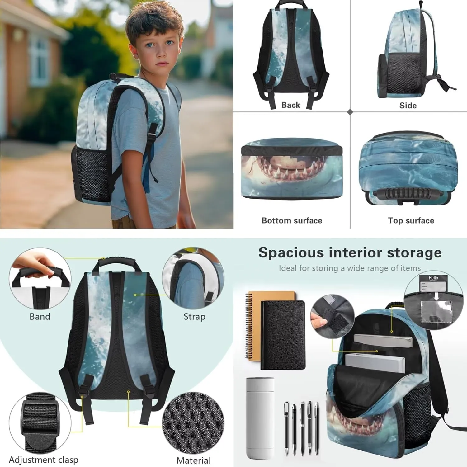 doginthehole 3D Shark Backpack for Boys 6-8 Cool Bookbag and Lunch Box Set for Boys 3 Piece Lightweight Boys School Bags Set for Preschool Elementary Middle School 17inch Book Bags