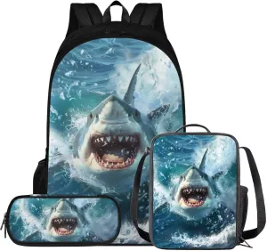 doginthehole 3D Shark Backpack for Boys Cool Blue Backpack with Lunch Box and Pen Bag 3 Piece Lightweight Boys Bookbag 10-12 Years Old for Elementary Middle School Back to School Gifts
