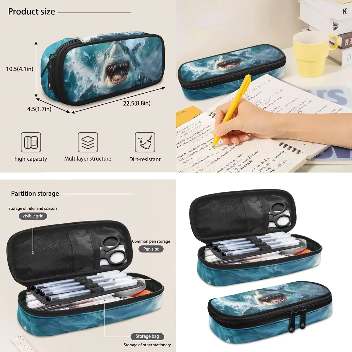 doginthehole 3D Shark Backpack for Boys Cool Blue Backpack with Lunch Box and Pen Bag 3 Piece Lightweight Boys Bookbag 10-12 Years Old for Elementary Middle School Back to School Gifts