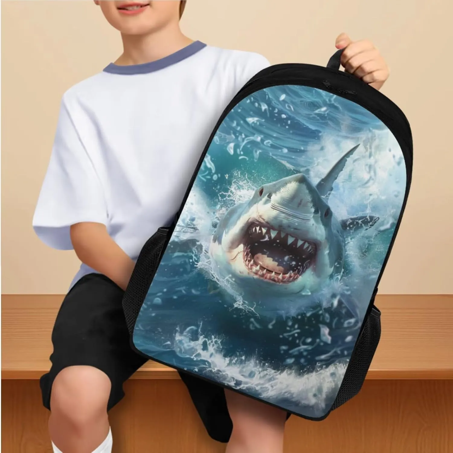 doginthehole 3D Shark Backpack for Boys Cool Blue Backpack with Lunch Box and Pen Bag 3 Piece Lightweight Boys Bookbag 10-12 Years Old for Elementary Middle School Back to School Gifts