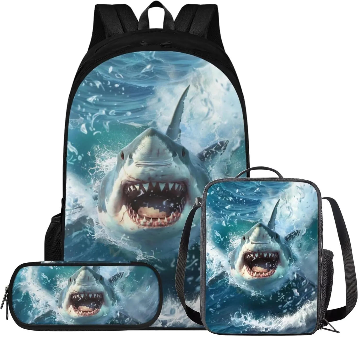 doginthehole 3D Shark Backpack for Boys Cool Blue Backpack with Lunch Box and Pen Bag 3 Piece Lightweight Boys Bookbag 10-12 Years Old for Elementary Middle School Back to School Gifts