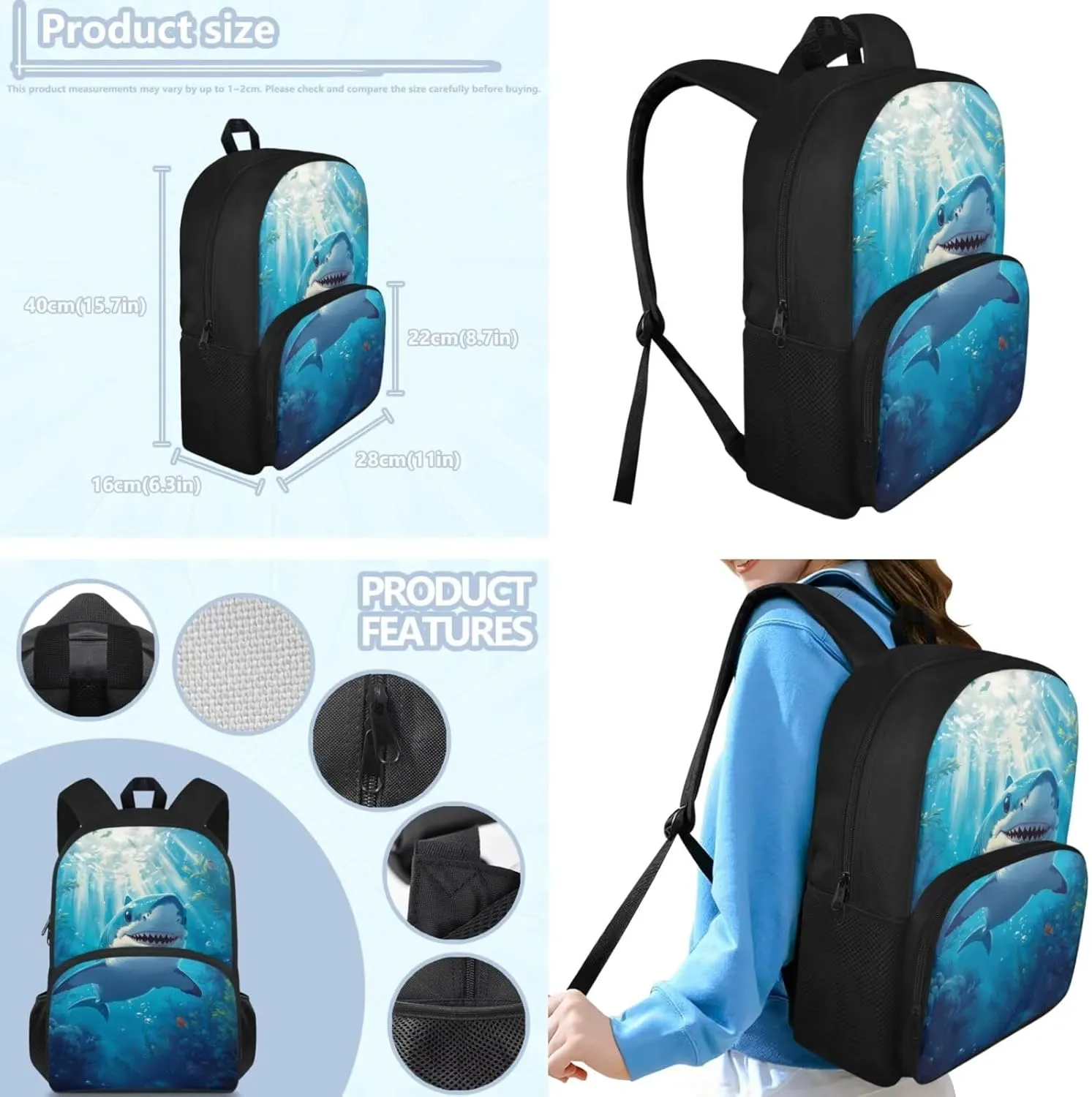 doginthehole 3D Shark Backpack for Boys Cool Lightweight Kids Bookbag with Lunch Box 3-in-1 17inch School Bag for Boys 8-12 for Elementary School Preschool Casual Daypack Backpacks