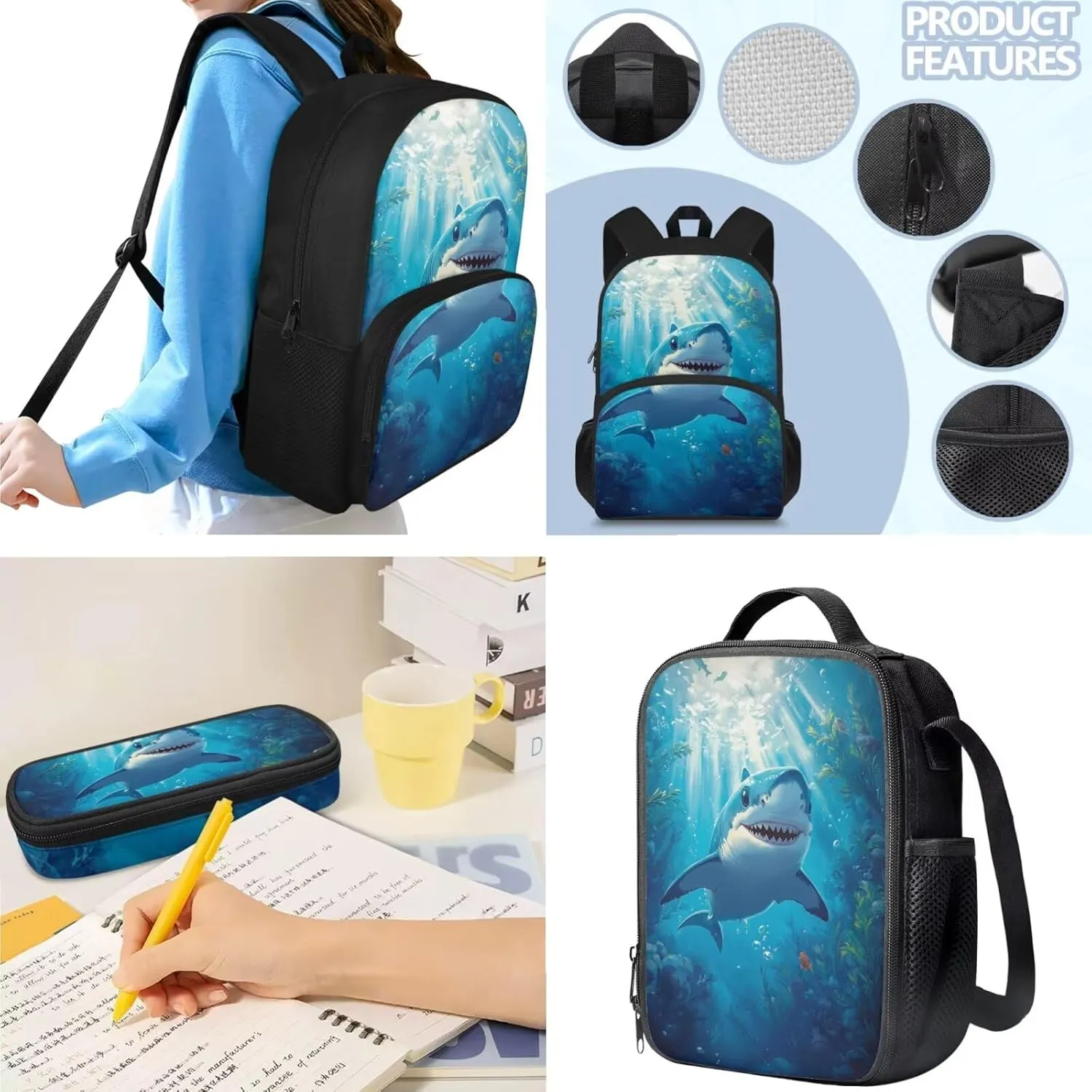 doginthehole 3D Shark Backpack for Boys Cool Lightweight Kids Bookbag with Lunch Box 3-in-1 17inch School Bag for Boys 8-12 for Elementary School Preschool Casual Daypack Backpacks