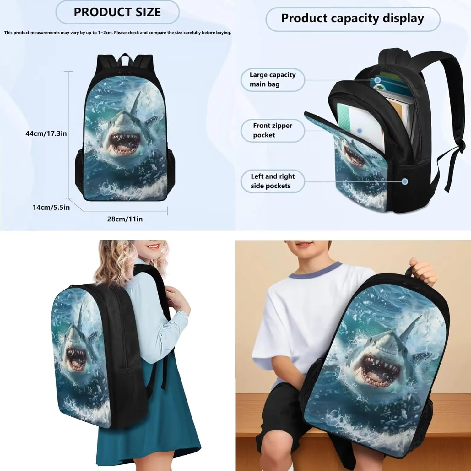 doginthehole 3D Shark Backpack for Boys Cool Lightweight Kids Bookbag with Lunch Box and Pencil Bag 3-in-1 17inch School Bag for Boys 8-12 for Elementary School Preschool Casual Daypack Backpacks