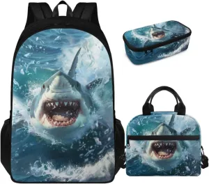 doginthehole 3D Shark Backpack for Boys Cool Lightweight Kids Bookbag with Lunch Box and Pencil Bag 3-in-1 17inch School Bag for Boys 8-12 for Elementary School Preschool Casual Daypack Backpacks