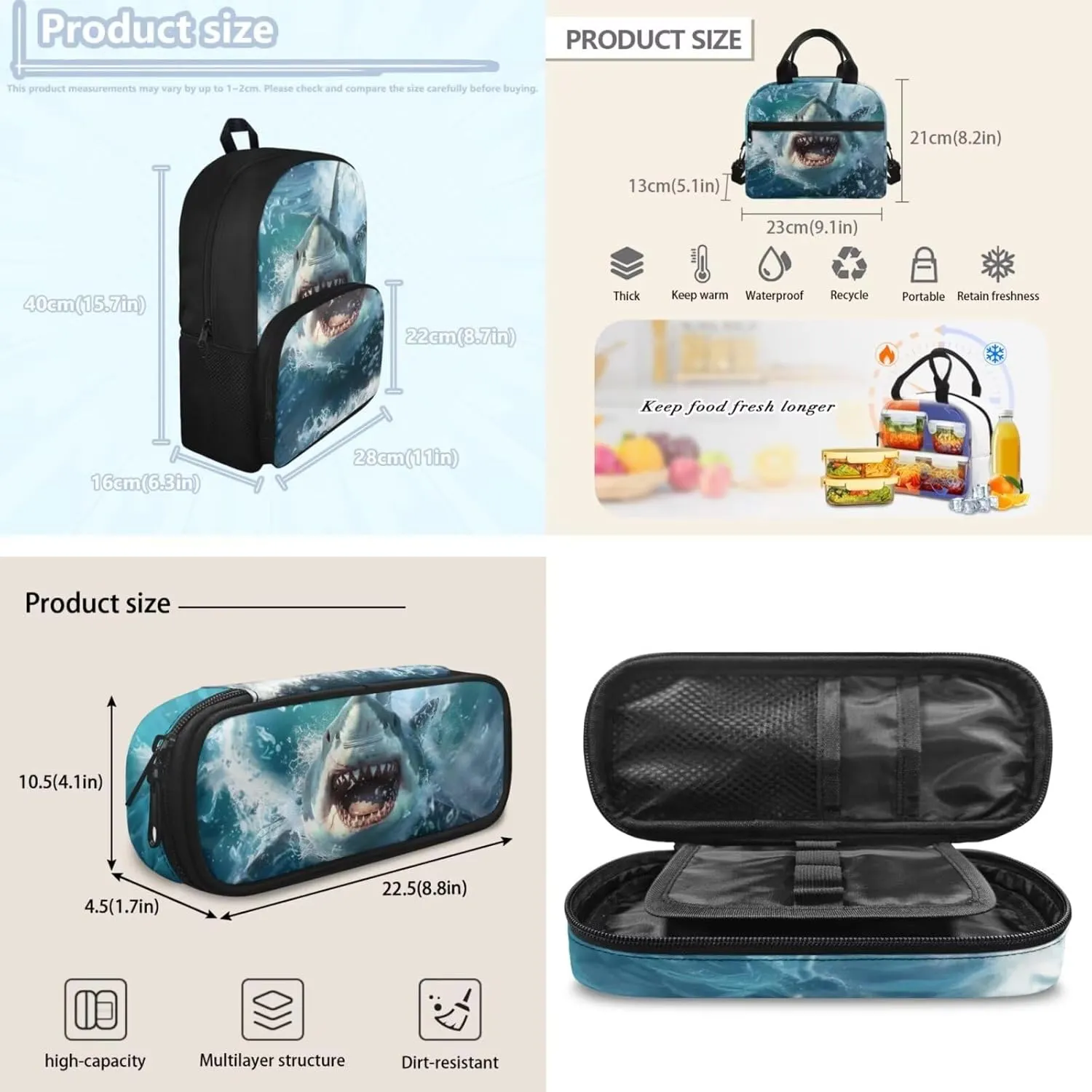 doginthehole 3D Shark Backpack for Boys with Lunch Box Pencil Case 3 Piece Set Cool Boys Bookbag Age 4-6 Lightweight Kids Preschool Elementary School Backpack Set Back to School Gifts