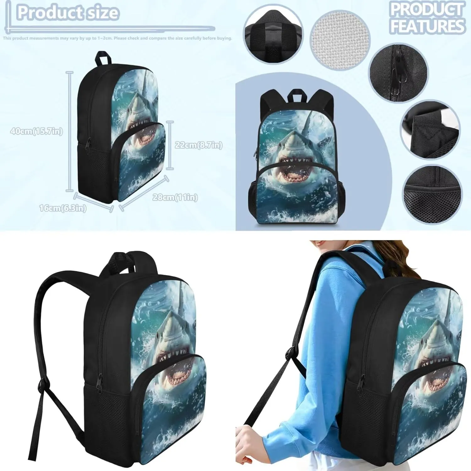 doginthehole 3D Shark Backpack for Boys with Lunch Box Pencil Case 3 Piece Set Cool Boys Bookbag Age 4-6 Lightweight Kids Preschool Elementary School Backpack Set Back to School Gifts