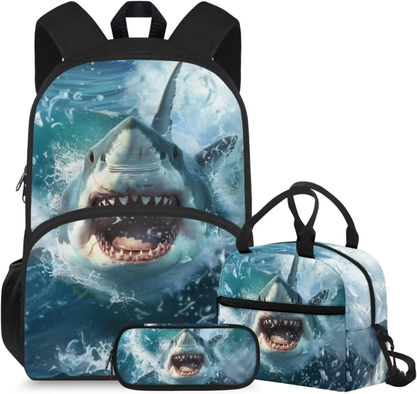 doginthehole 3D Shark Backpack for Boys with Lunch Box Pencil Case 3 Piece Set Cool Boys Bookbag Age 4-6 Lightweight Kids Preschool Elementary School Backpack Set Back to School Gifts