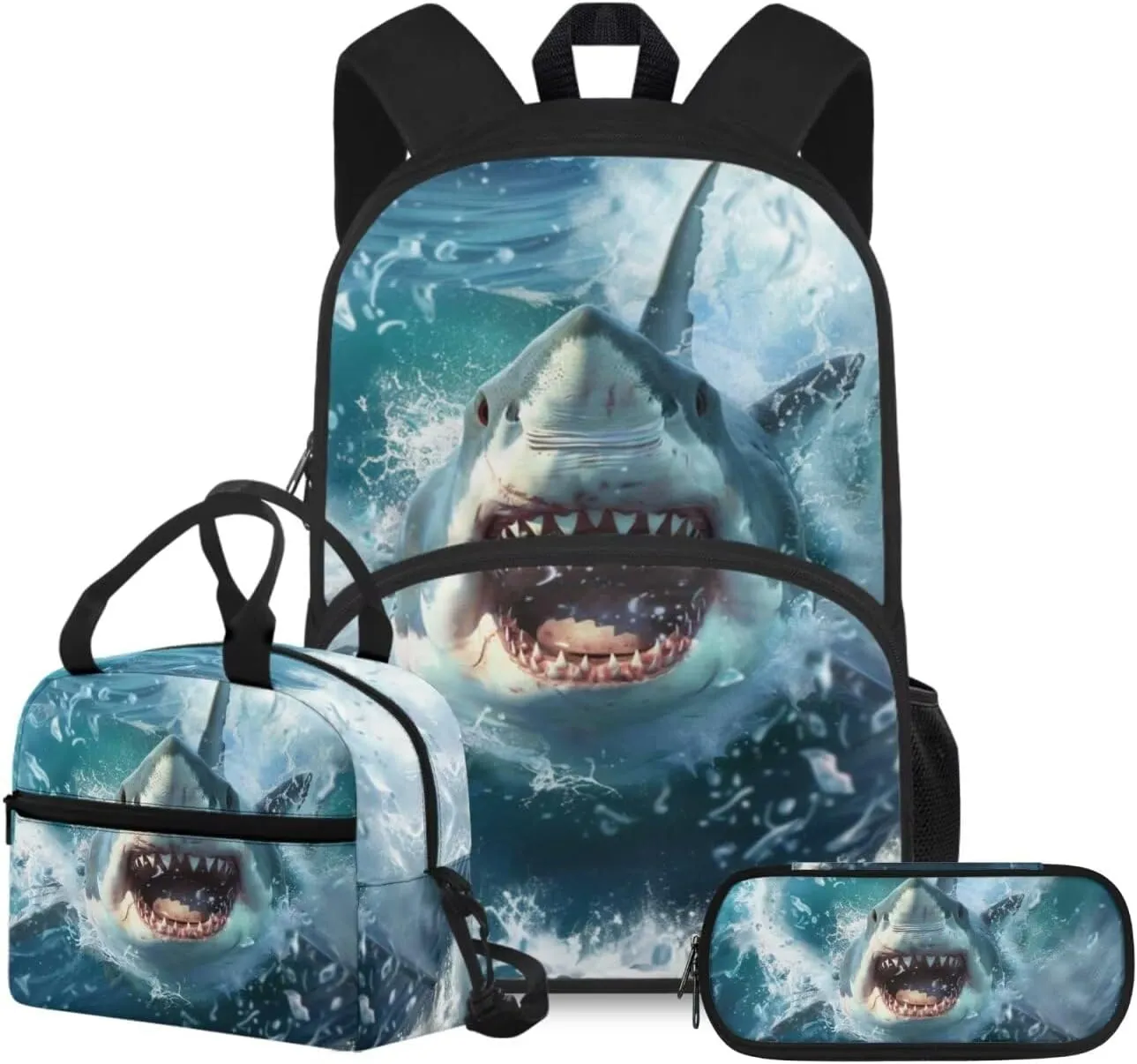 doginthehole 3D Shark Backpack for Boys with Lunch Box Pencil Case 3 Piece Set Cool Boys Bookbag Age 4-6 Lightweight Kids Preschool Elementary School Backpack Set Back to School Gifts