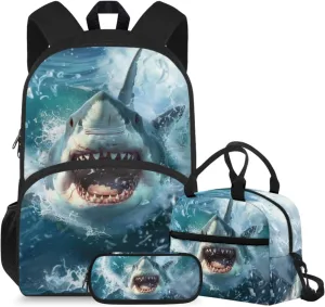 doginthehole 3D Shark Backpack for Boys with Lunch Box Pencil Case 3 Piece Set Cool Boys Bookbag Age 4-6 Lightweight Kids Preschool Elementary School Backpack Set Back to School Gifts