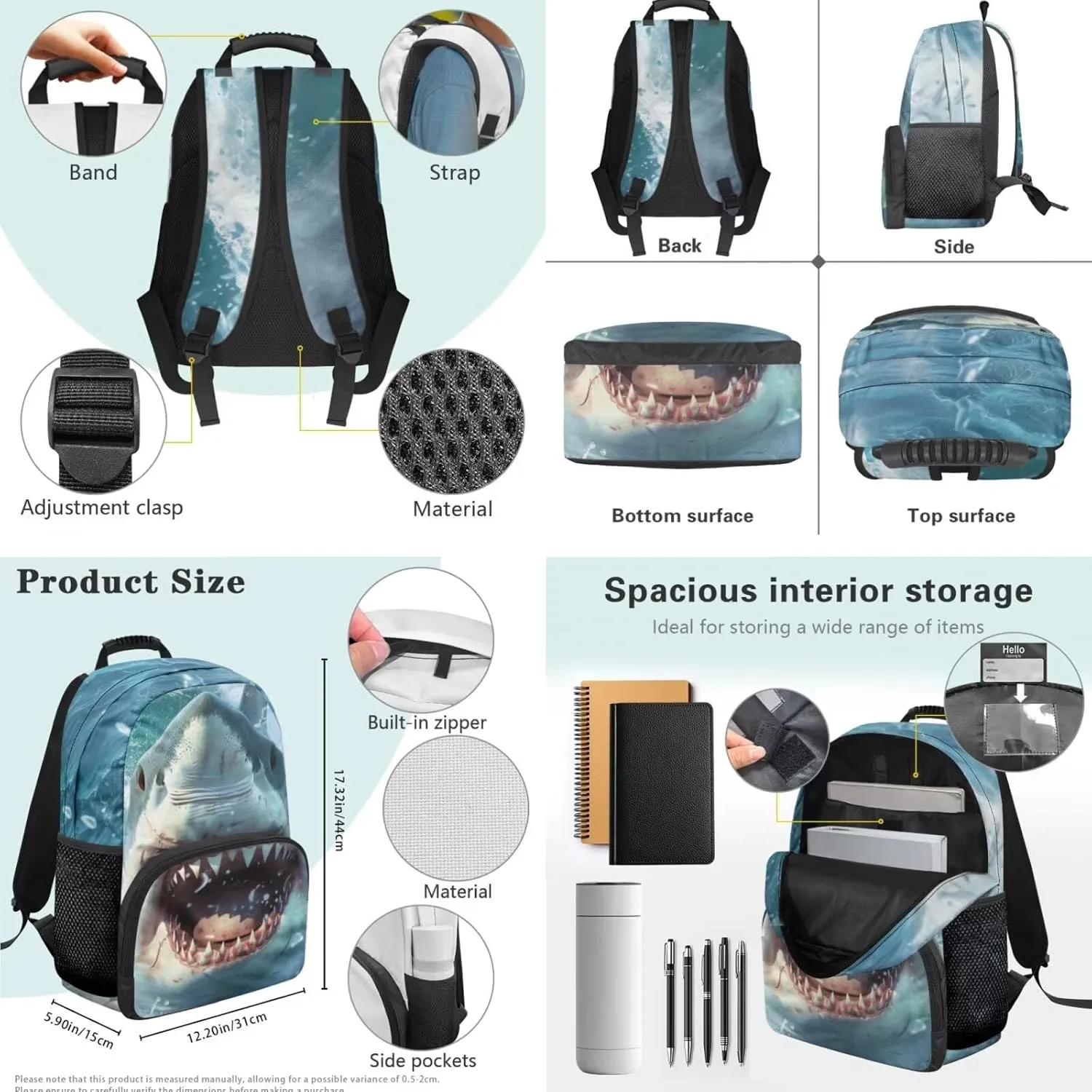 doginthehole 3D Sharks Backpack for Boys 12-14 Cool Bookbag and Lunch Box Set for Boys 3 Piece Lightweight Boys School Bags Set for Elementary Middle School 17inch Casual Travel Book Bags