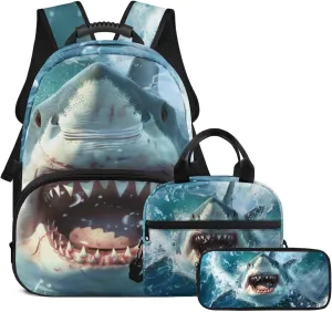 doginthehole 3D Sharks Backpack for Boys 12-14 Cool Bookbag and Lunch Box Set for Boys 3 Piece Lightweight Boys School Bags Set for Elementary Middle School 17inch Casual Travel Book Bags