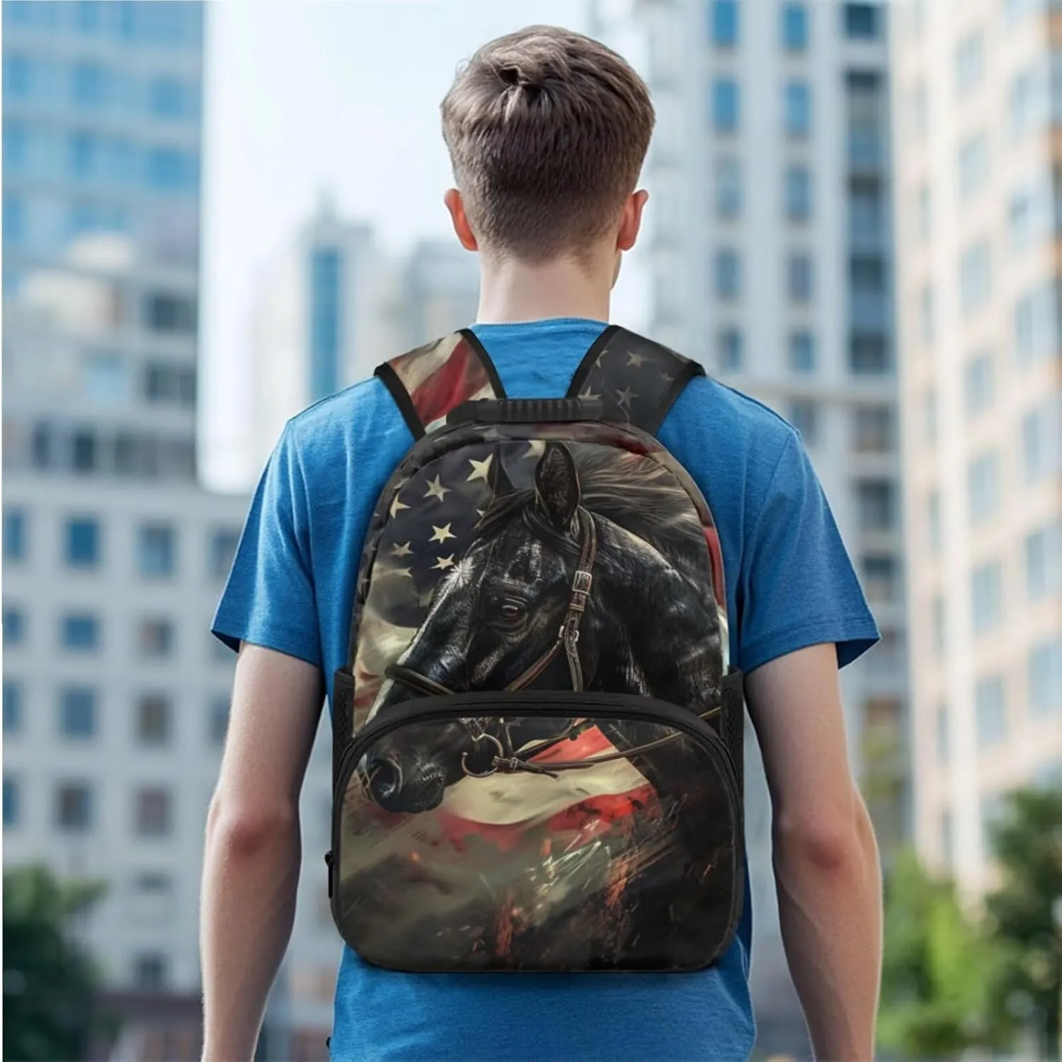 doginthehole American Flag Horse Backpack for School Boys Black Bookbag for Boys 8-12 with Lunch Box Large Capacity Boys School Backpack Set for Elementary Middle School Casual Hiking Daypack