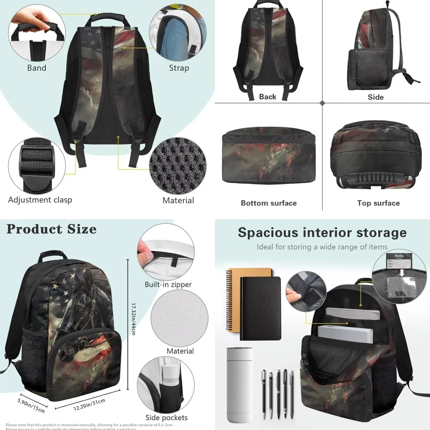 doginthehole American Flag Horse Backpack for School Boys Black Bookbag for Boys 8-12 with Lunch Box Large Capacity Boys School Backpack Set for Elementary Middle School Casual Hiking Daypack