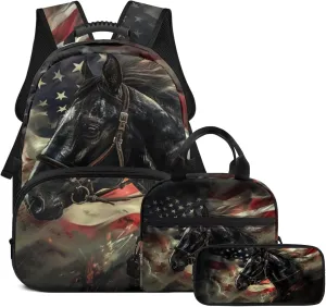 doginthehole American Flag Horse Backpack for School Boys Black Bookbag for Boys 8-12 with Lunch Box Large Capacity Boys School Backpack Set for Elementary Middle School Casual Hiking Daypack
