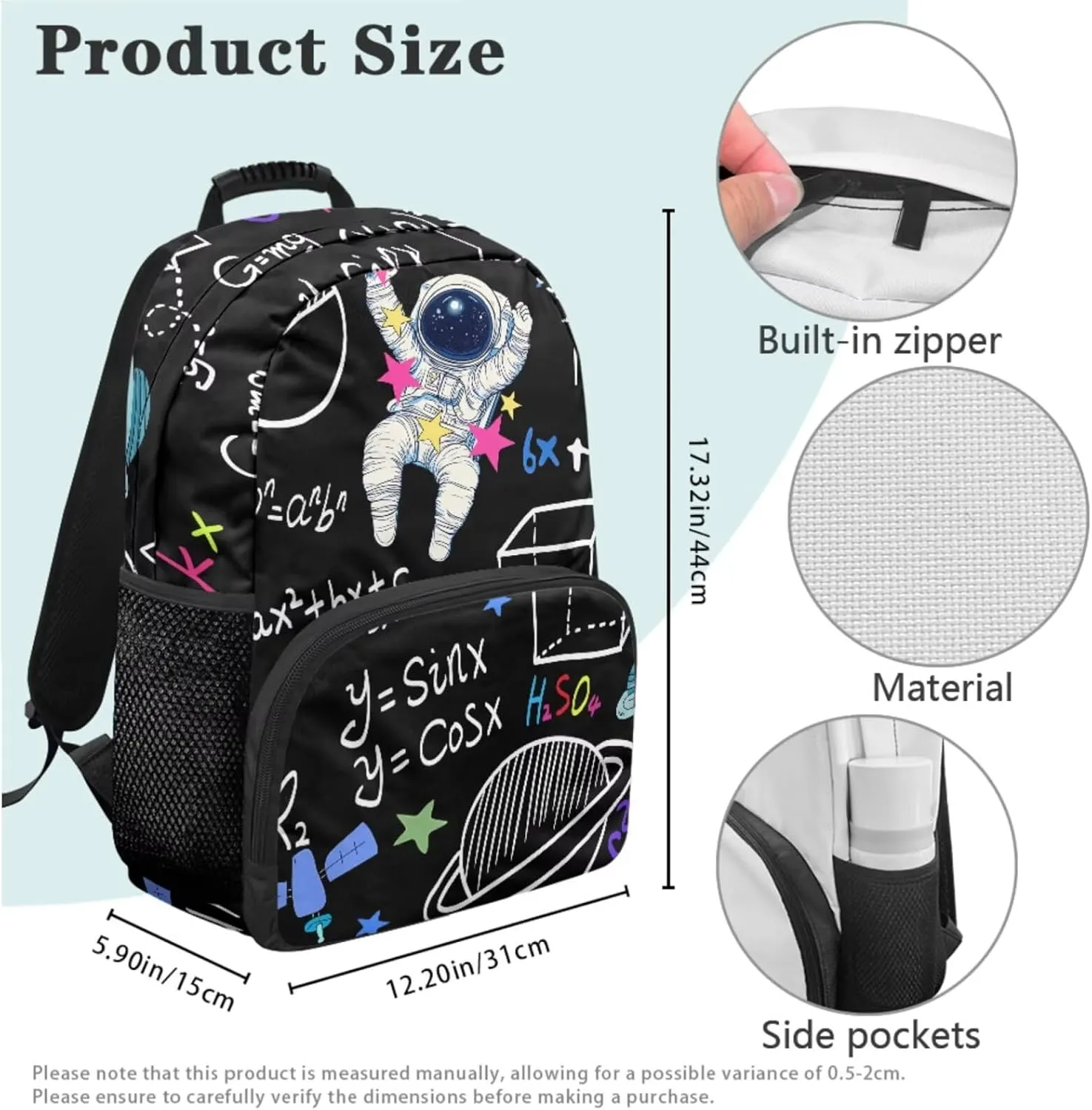 doginthehole Astronaut Backpack for Boys Cool Black Kids Bookbag with Lunch Box 3 Piece Lightweight School Bag Set for Boys 8-12 for Elementary School Middle School Casual Travel Book Bags