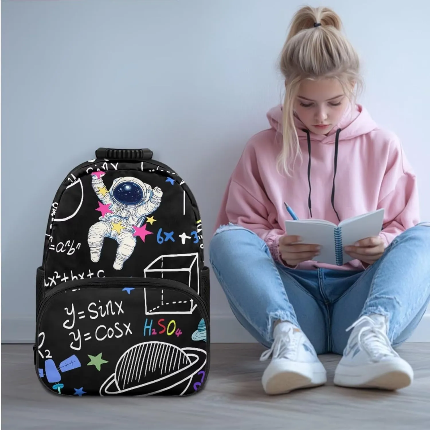 doginthehole Astronaut Backpack for Boys Cool Black Kids Bookbag with Lunch Box 3 Piece Lightweight School Bag Set for Boys 8-12 for Elementary School Middle School Casual Travel Book Bags