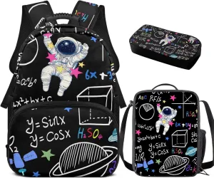 doginthehole Astronaut Backpack for Boys Cool Black Kids Bookbag with Lunch Box 3 Piece Lightweight School Bag Set for Boys 8-12 for Elementary School Middle School Casual Travel Book Bags